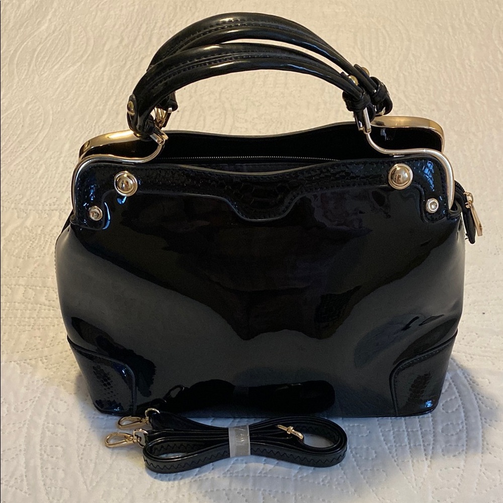Black Patent Leather Satchel with Silver Accents